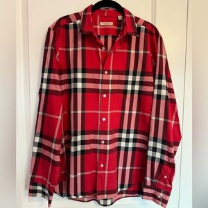 Burberry Brit Men’s long sleeved button up in red classic plaid. Size large.